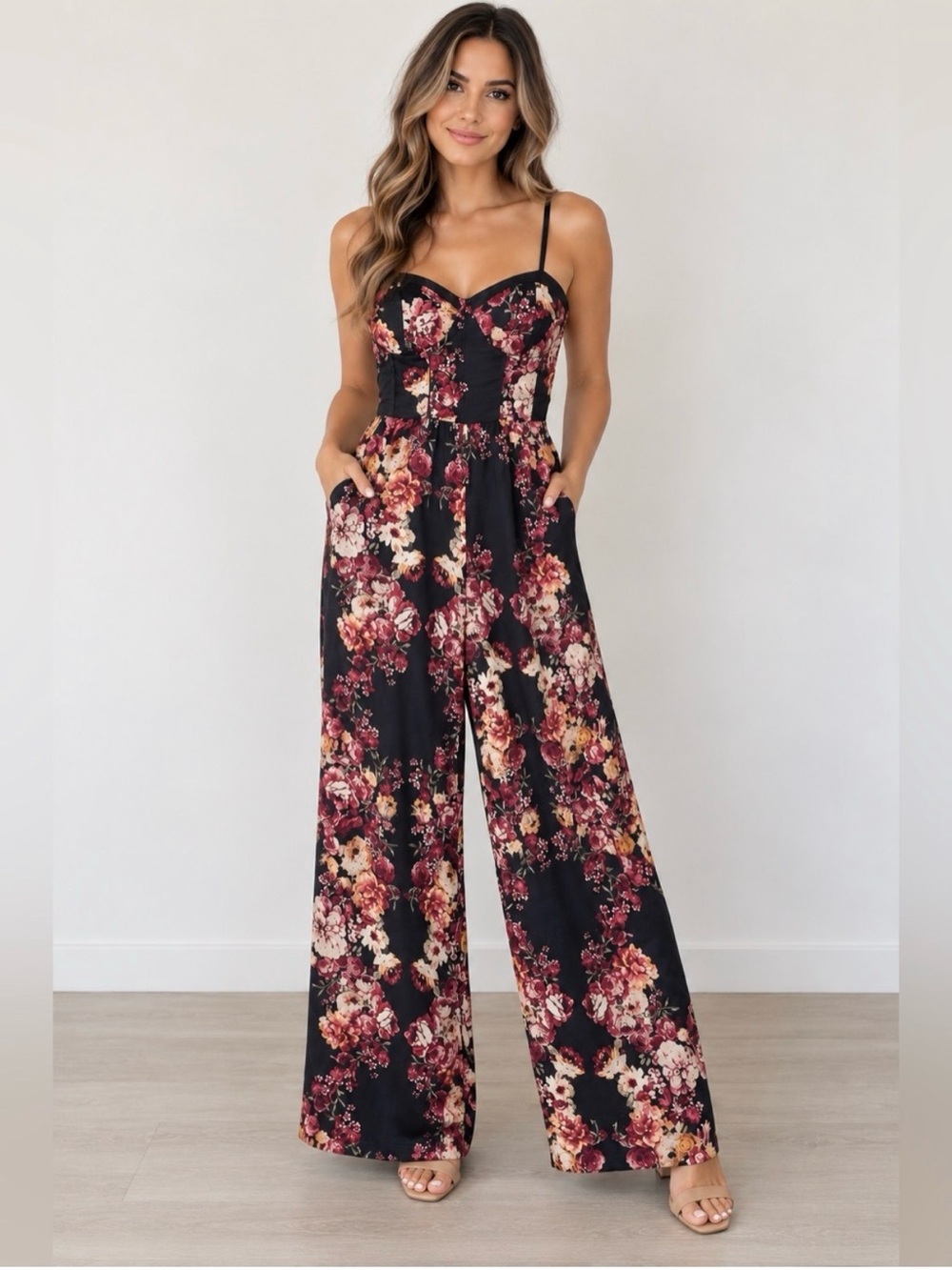 Band of Gypsies Black Floral Wide-Leg Jumpsuit with Burgundy Accents